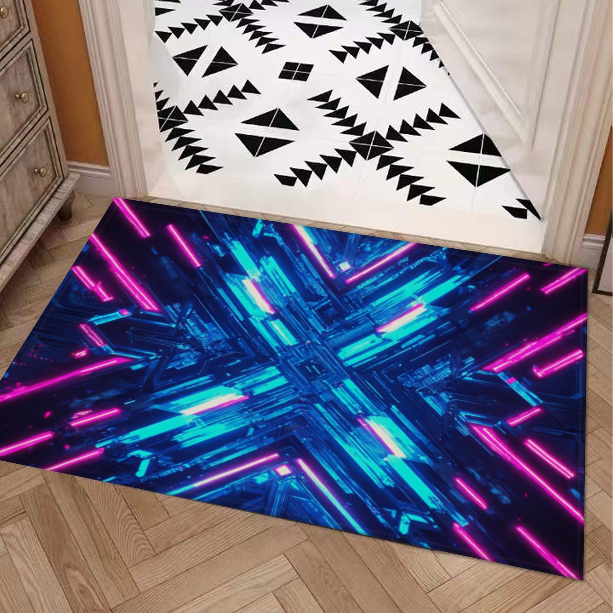 Symmetry Style Carpet : Futuristic Neon Dynamics Pattern – UtopiaFashion