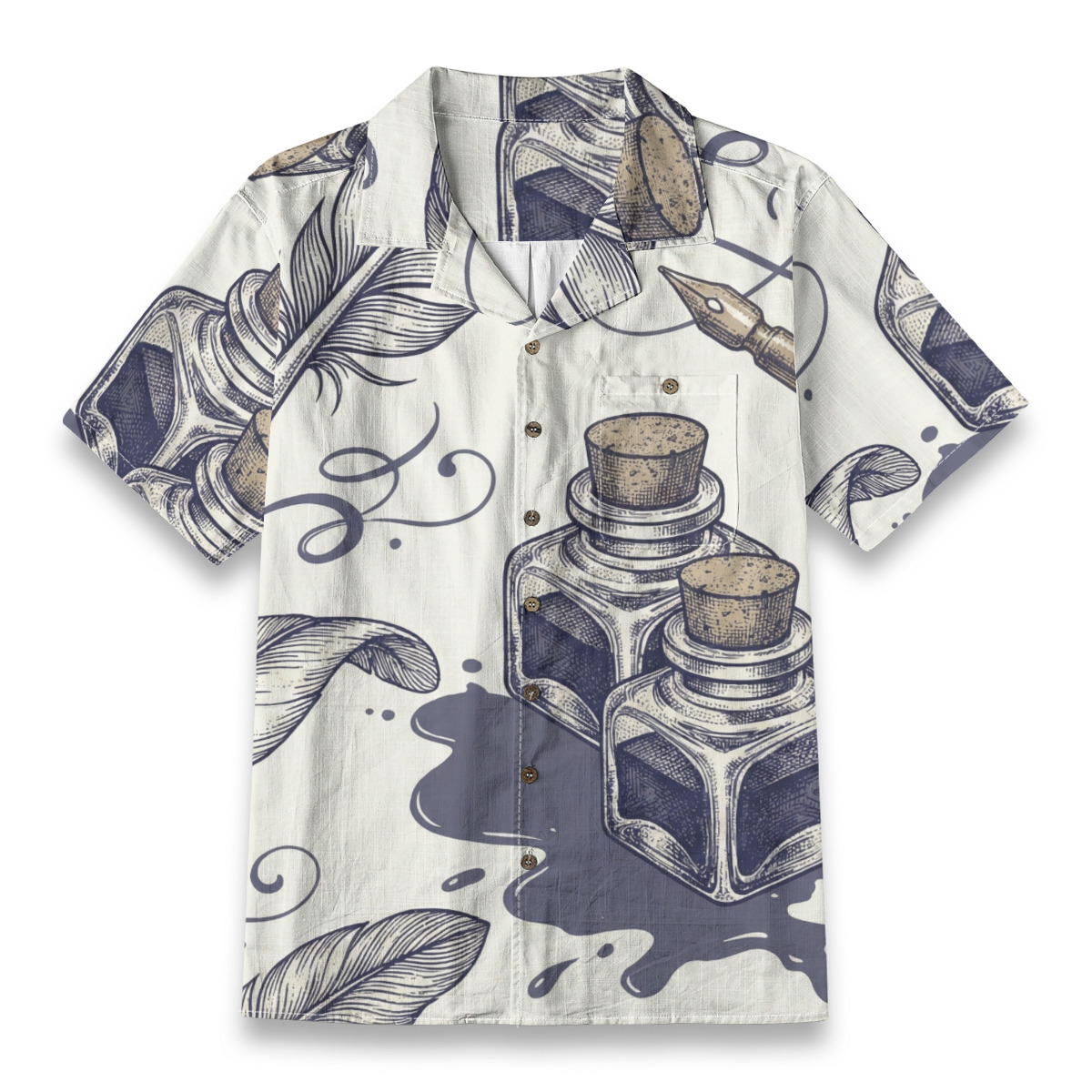 226767-461f61e1-d840-4193-9b1e-e306636e96ba.jpeg Ink Bottle & Quill Illustration Shirt – School Hawaiian Shirt - Image 1